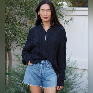 Jenni Kayne Cotton Cable Knit Half Zip Sweater Womens XS Navy Slouchy Fisherman